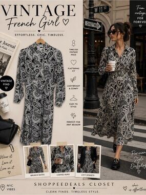 Vintage Black White Paisley Midi Dress Button Front Long Sleeve Retro